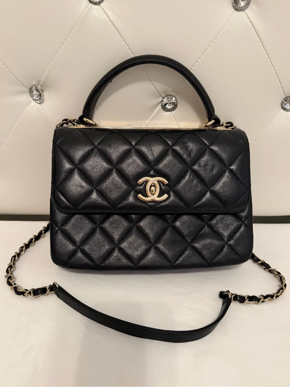 CHANEL Black Quilted Leather Top Handle Satchel with Gold Hardware